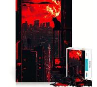 Puzzle 1000 pièces Paysage Urbain au Clair de Lune Rouge avec Silhouette de Chat Jeu de réflexion pour Adultes Image Douce et relaxante Assembler Joli Cadeau (38x26cm)
