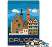 Puzzle 1000 pièces Paysage Urbain de Bruges,Belgique,pour Adultes,Jeux éducatifs,Jouets à Faire soi-même avec Affiche et fiche de Questions Assorties,pour Les 14 Ans et Plus,1000 pièces (50x75cm)