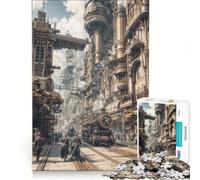 Puzzle 1000 pièces Paysage Urbain Steampunk avec Trains et Personnages Jeu de réflexion défi Difficile Cadeau pour Les Amis et la Famille 38x26cm