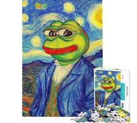Puzzle 1000 pièces Pepe la Grenouille La Nuit Étoilée Parodie Puzzle pour Adultes Défi Difficile Aide à Exercer Le Cérébral Cadeaux de Noël et d'anniversaire (Dimensions 38x52cm)