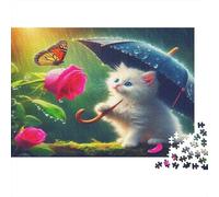 Puzzle 1000 pièces Petit Chat avec Parapluie, Plaisir Papillon, Précis, Encadrable, Œuvre Détaillée, Carton Premium Épais, Famille, 70x50cm