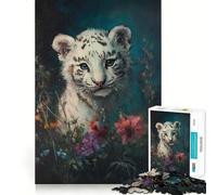 Puzzle 1000 pièces Petit Tigre Blanc dans Les Fleurs Jeu Amusant et Technique de découpe Laser avancée Jouet d'intérieur pour Les fêtes (38x52cm)