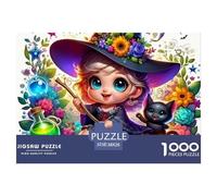 Puzzle 1000 Pièces Petite Sorcière d'halloween, Fleurs et Citrouilles Brillantes, Difficile, Cadeau pour Adultes 38x26cm/1000pcs