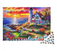 Puzzle 1000 pièces Phare Premium pour Adultes, Phare avec Cottage au Bord de mer au Coucher de Soleil et Fleurs, épais Robuste, Vibrant Stimulant Anti-Stress Jeu, 38x26cm/1000pcs