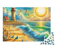 Puzzle 1000 pièces Phare Premium pour Adultes, Phare sur Plage avec mouettes et Soleil couchant, épais Robuste, Vibrant Stimulant Anti-Stress Jeu, 52x38cm/1000pcs