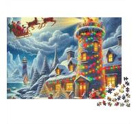 Puzzle 1000 pièces Phare Stimulant pour Adultes, Phare de Noël avec Père Noël et Rennes, Premium épais Robuste, Vibrant Anti-Stress, 38x26cm/1000pcs
