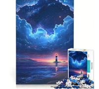 Puzzle 1000 pièces Phare sur Une île côtière sous Un Ciel étoilé Jeu éducatif décoration Parfaite Cadeau Unique pour Un Anniversaire ou Noël 38x26cm
