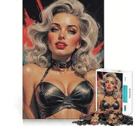 Puzzle 1000 pièces Pin-up Blonde en Cuir avec Soutien-Gorge et Ras-de-Cou,découpe précise,activité de Jeu Intelligente et Calme,Cadeau de décoration d'anniversaire (50x75cm)