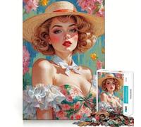 Puzzle 1000 pièces Pin-up Blonde en Robe Fleurie et Chapeau de Paille Décoration soignée,Casse-tête,Cadeau,Jeu de Paix,œuvre d'art de Noël (38x26cm)