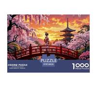 Puzzle 1000 Pièces Pont Cerisier Japonais Coucher de Soleil Difficile, Anti-Stress 38x26cm