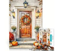Puzzle 1000 pièces Porte d'automne avec citrouilles et Couronne Jeu de réflexion décoratif et Facile à Assembler Cadeau Calme Idée Cadeau d'anniversaire Artistique (50x75cm)