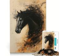 Puzzle 1000 pièces Portrait de Cheval Noir,Jeu de précision,Jeu de logique,Divertissement pour Passer Le Temps,Cadeau d'anniversaire Amusant (38x26cm)