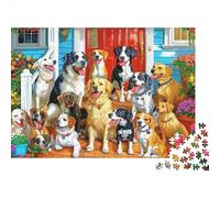 Puzzle 1000 Pièces Portrait de Famille de Chiens Plusieurs Animaux Devant la Porte Pièces Emboîtables Détails Riches Carton Épais pour Seniors 52x38cm
