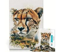 Puzzle 1000 pièces Portrait de guépard dans Un Paysage de Savane Jeu de réflexion Amusant et Facile à Assembler,idéal pour Un Moment de détente ou Une décoration de Noël (50x75cm)