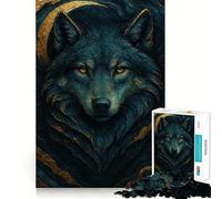 Puzzle 1000 pièces Portrait de Loup Bleu et Or,découpe précise,défi Intelligent et Amusant,Divertissement et décoration de Noël (38x52cm)