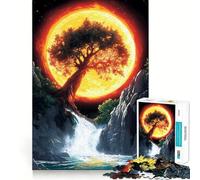 Puzzle 1000 pièces pour Adolescents Arbre et Cascade sous Une Lune flamboyante Bords précis Jeu d'art pour stimuler l'esprit Jeu Calme et Amusant Cadeau d'anniversaire (50x75cm)
