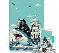 Puzzle 1000 pièces pour Adolescents Art du Chat Noir chevauchant Un Requin Impossible avec Affiche et Feuille de Questions correspondantes 38x26cm