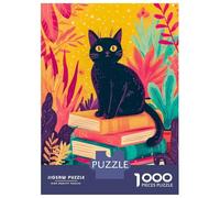 Puzzle 1000 Pièces pour Adolescents Black Cat on Stack of Books Puzzle pour Adultes Jeux Amusants Cadeau d'anniversaire, Noël 70x50cm/1000pcs