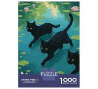 Puzzle 1000 Pièces pour Adolescents Black Cats in Lily Pond Illustration Puzzles pour Adolescents - Jeux Relaxants - Anti-Stress - Cadeaux Anti-Stress 38x26cm/1000pcs