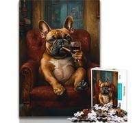 Puzzle 1000 pièces pour Adolescents Bulldog Buvant du vin Rouge, idéal comme Cadeau pour Toute la Famille Convient aux Enfants de 14 Ans et Plus (Taille 38x26cm)