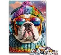 Puzzle 1000 pièces pour Adolescents Bulldog écoutant de la Musique Jeux éducatifs Décoration Murale Cadeaux d'anniversaire et de Noël Uniques 38x26cm