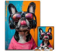 Puzzle 1000 pièces pour Adolescents Bulldog écoutant de la Musique Puzzles en Carton pour 14 Ans et Plus Difficile à Terminer mais Amusant et Humoristique Cadeau d'anniversaire 26X38CM