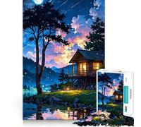 Puzzle 1000 pièces pour Adolescents Cabane au Bord du lac la Nuit Décoration soignée Jeu d'exercice Mental Jeu de détente Cadeau Amusant de Noël (38x26cm)