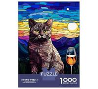 Puzzle 1000 Pièces pour Adolescents Cat Sit Down and 1 Glass Puzzle pour Adultes Jeux Amusants Cadeaux pour Femmes pour Anniversaire, Noël 52x38cm/1000pcs