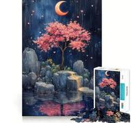 Puzzle 1000 pièces pour Adolescents,Cerisier en Fleurs sous Croissant de Lune,découpage précis,Exercice Mental,Jeu Amusant et Relaxant,activité d'anniversaire (50x75cm)