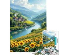 Puzzle 1000 pièces pour Adolescents Champ de tournesols au Bord d'une rivière et Village Puzzle pour Adultes Jeu de détente décoration Parfaite idéal comme Cadeau (Taille 38x26cm)