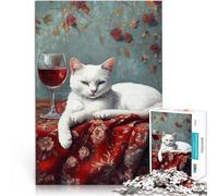Puzzle 1000 pièces pour Adolescents Chat Blanc avec Un Verre de vin Jeu de Quiz Activités Amusantes à la Maison, Cadeaux d'anniversaire, Cadeaux de Voyage, 52x38cm