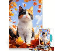 Puzzle 1000 pièces pour Adolescents Chat Calico dans des Feuilles d'automne,Bords précis,Art,entraînement cérébral,Jeu Calme et Amusant,Cadeau d'anniversaire (38x52cm)