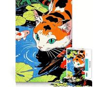 Puzzle 1000 pièces pour Adolescents Chat Calico et Bassin de carpes koï,Art aux Bords précis,entraînement cérébral,Jeu Calme et Amusant,Cadeau d'anniversaire (38x26cm)