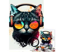 Puzzle 1000 pièces pour Adolescents Chat Casque Audio DJ Jouet Musical décoration Murale œuvre d'art Cadeau Jeu Pratique pour stimuler Le Cerveau Dimensions 50x75cm