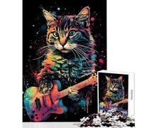 Puzzle 1000 pièces pour Adolescents Chat coloré Jouant de la Guitare Décoration Murale Cadeau de Noël Secret Jeu Impossible pour se détendre et se Relaxer Dimensions 38x52cm
