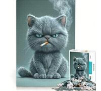 Puzzle 1000 pièces pour Adolescents Chat écossais Grincheux Qui Fume, Jeu Impossible, Difficile et Stimulant, Cadeau d'anniversaire ou de Noël Unique 38x52cm
