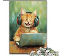 Puzzle 1000 pièces pour Adolescents Chat écoutant de la Musique, Jeu Stimulant, décoration Murale, Cadeaux d'anniversaire et de Noël Uniques (Taille 26x38cm)