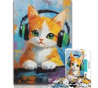 Puzzle 1000 pièces pour Adolescents Chat écoutant de la Musique Puzzle 1000 pièces, avec Affiche et fiche de Questions-réponses pour Les 14 Ans et Plus (Taille 75x50cm)