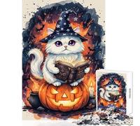 Puzzle 1000 pièces pour adolescents Chat magicien sur citrouille Décoration d'Halloween Jouet activité artistique cadeau Jeu amusant pour développer sa motricité fine et son cerveau Dimensions 38x52cm