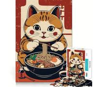 Puzzle 1000 pièces pour Adolescents Chat Mangeant des Ramen Art aux Bords précis Exercice Mental Jeu Calme et Amusant Cadeau d'anniversaire Artistique (38x26cm)