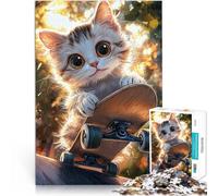 Puzzle 1000 pièces pour Adolescents Chat Mignon Faisant du Skateboard Jouets éducatifs Offrir en Cadeau à Toute la Famille 50x70cm