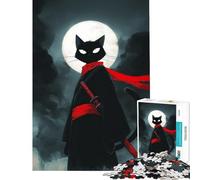 Puzzle 1000 pièces pour Adolescents Chat Ninja avec Katana et Lune Jeu éducatif Jouet Jeu intellectuel Cadeau d'anniversaire Apprentissage éducatif (Taille 38x52cm)