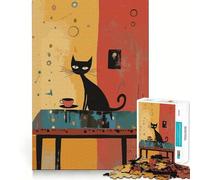 Puzzle 1000 pièces pour Adolescents Chat Noir avec café,découpe précise,Jeu d'exercice cérébral,détente et Divertissement pour Un Anniversaire (38x52cm)