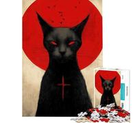 Puzzle 1000 pièces pour Adolescents Chat Noir avec Croix Rouge Activités Amusantes à la Maison Cadeaux pour Femmes Jeux en Famille à partir de 14 Ans (38x52cm)