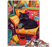 Puzzle 1000 pièces pour Adolescents Chat Noir Buvant du café, 1000 pièces pour Adultes, activité Amusante pour la Maison, Jouets pour Les Jours de Pluie, Cadeaux d'anniversaire (50x75cm)