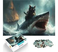 Puzzle 1000 pièces pour Adolescents Chat Noir chevauchant Un Requin drôle Jeux de détente Cadeaux du Père Noël Secret 75x50cm