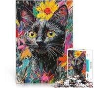 Puzzle 1000 pièces pour Adolescents Chat Noir dans Les Fleurs Jouets de Jeu pour Cadeau Familial Une œuvre d'art 38x26cm