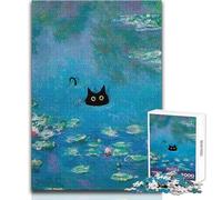 Puzzle 1000 pièces pour Adolescents:Chat Noir dans Les Nymphéas de Monet Jeu éducatif, Amusant et Original Dimensions:50x75cm.