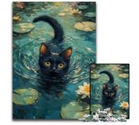 Puzzle 1000 pièces pour Adolescents Chat Noir dans l'étang Puzzles en Bois Cadeau de Vacances idéal pour Noël, Halloween, Pâques, Nouvel an 50X75CM
