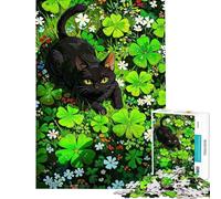 Puzzle 1000 pièces pour Adolescents Chat Noir dans Un Champ de trèfle Puzzle pour Adultes Jeu Manuel Décoration intérieure Interaction Parent-Enfant (Dimensions 38x26cm)